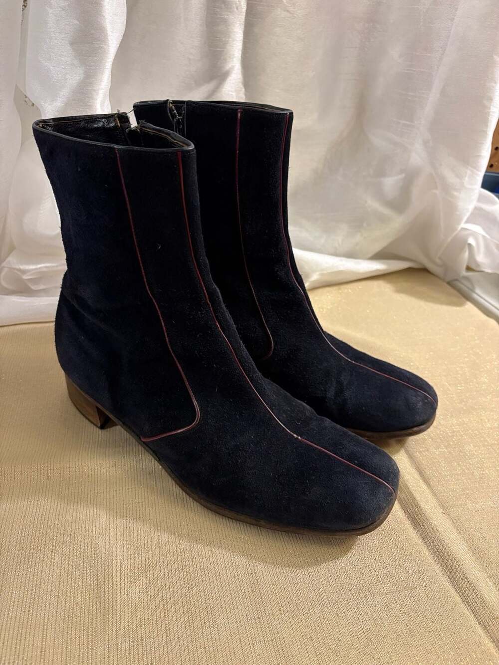 Vintage Suede Ankle Boots Blue with Piping, mens